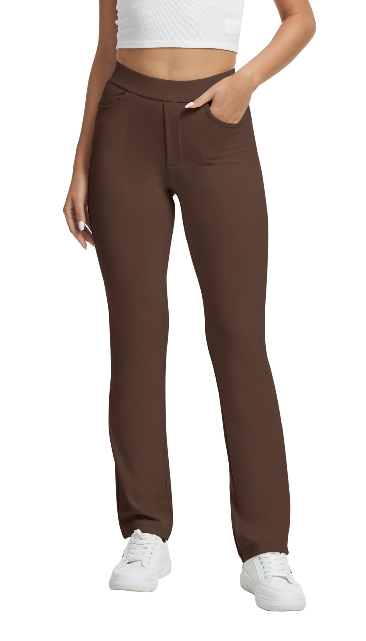 Vimpep Straight-Leg Yoga Dress Pants For Women Pull On - Dark Brown