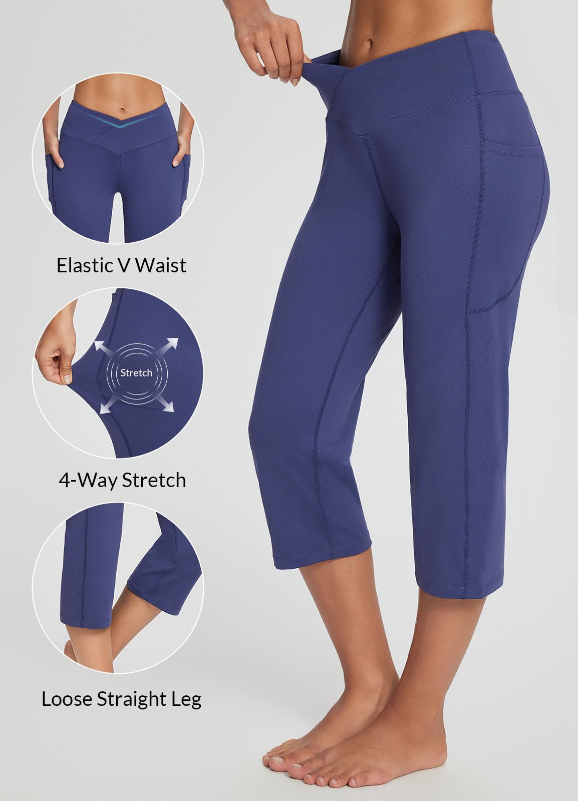 Baleaf Women's V Crossover Waist Capri Pants Straight-Leg Navy Blue L