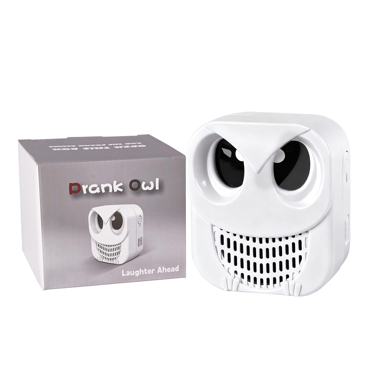 Prank Owl Motion Activated Sound Effects Machine - 360+ Dad Jokes and Hilarious Sounds - Ultimate Gag & Practical Joke Toys for Home Office Party - Laugh Trigger Funny Gifts, White