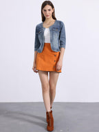 Allegra K Women's Denim Cardigan 3/4 Sleeve Collarless Jean Jackets - Washed Blue