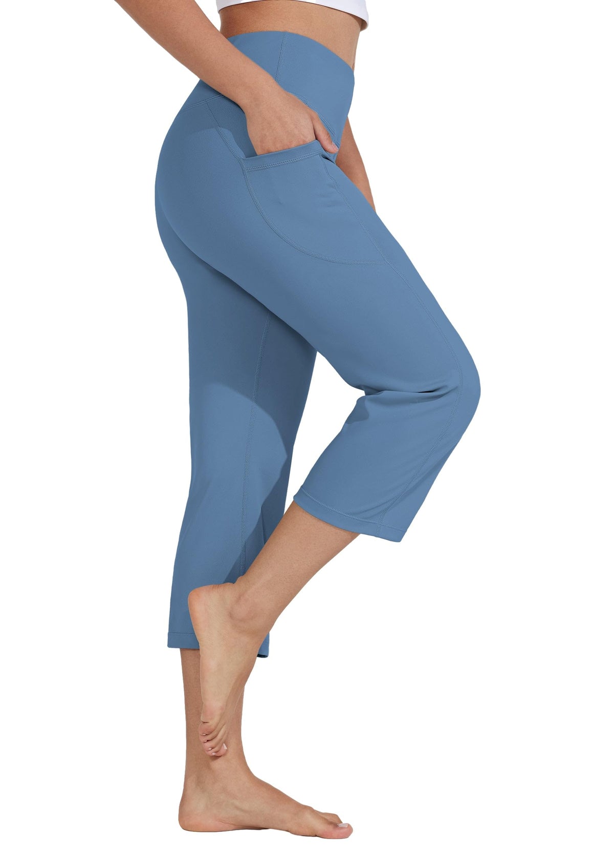 Willit Women's Yoga Capris Pants High-Waist Leggings Crop - Stone Blue