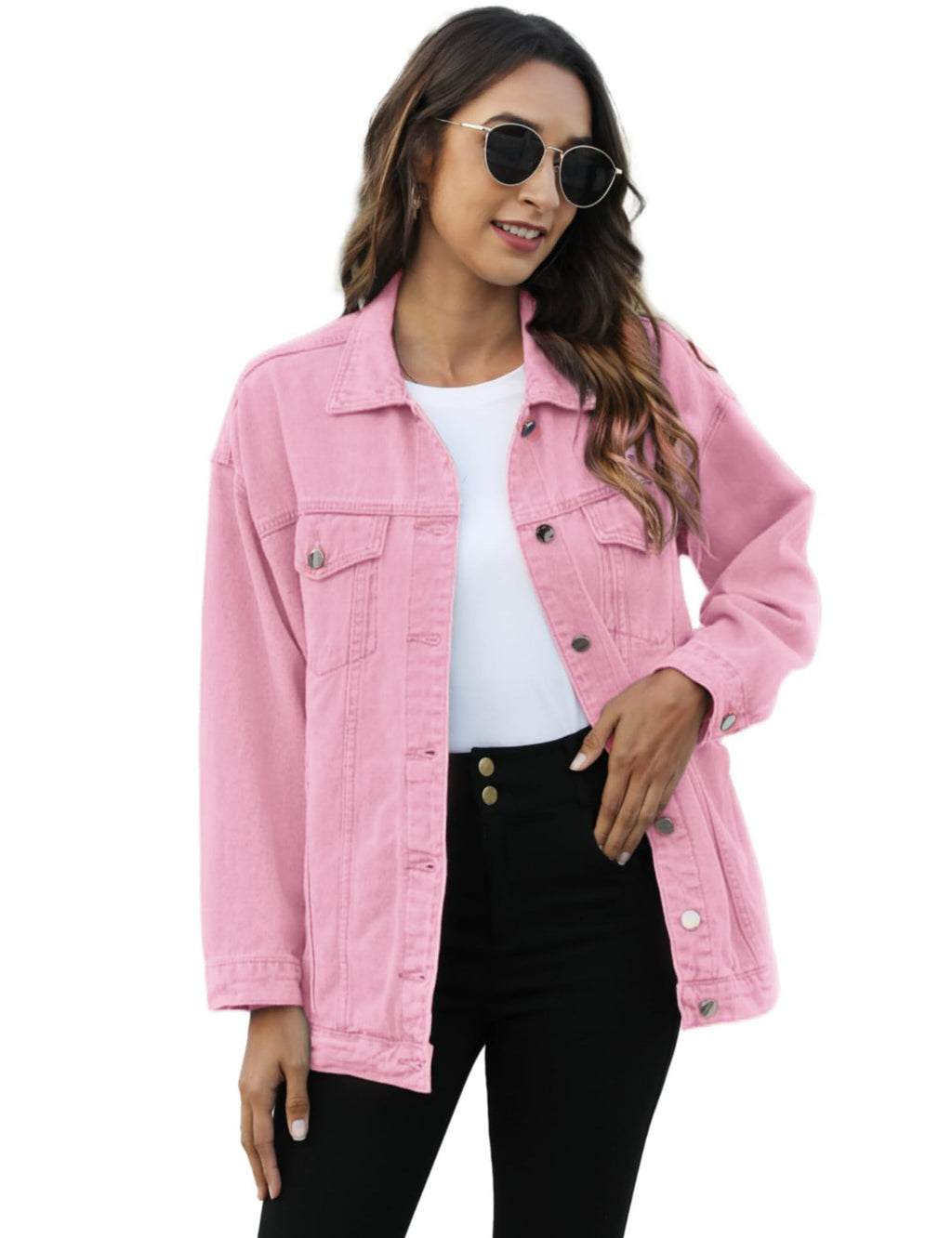 Omoone Women's Oversized Mid Long Denim Jacket Jean Biker Coat(0199-pink-xs)