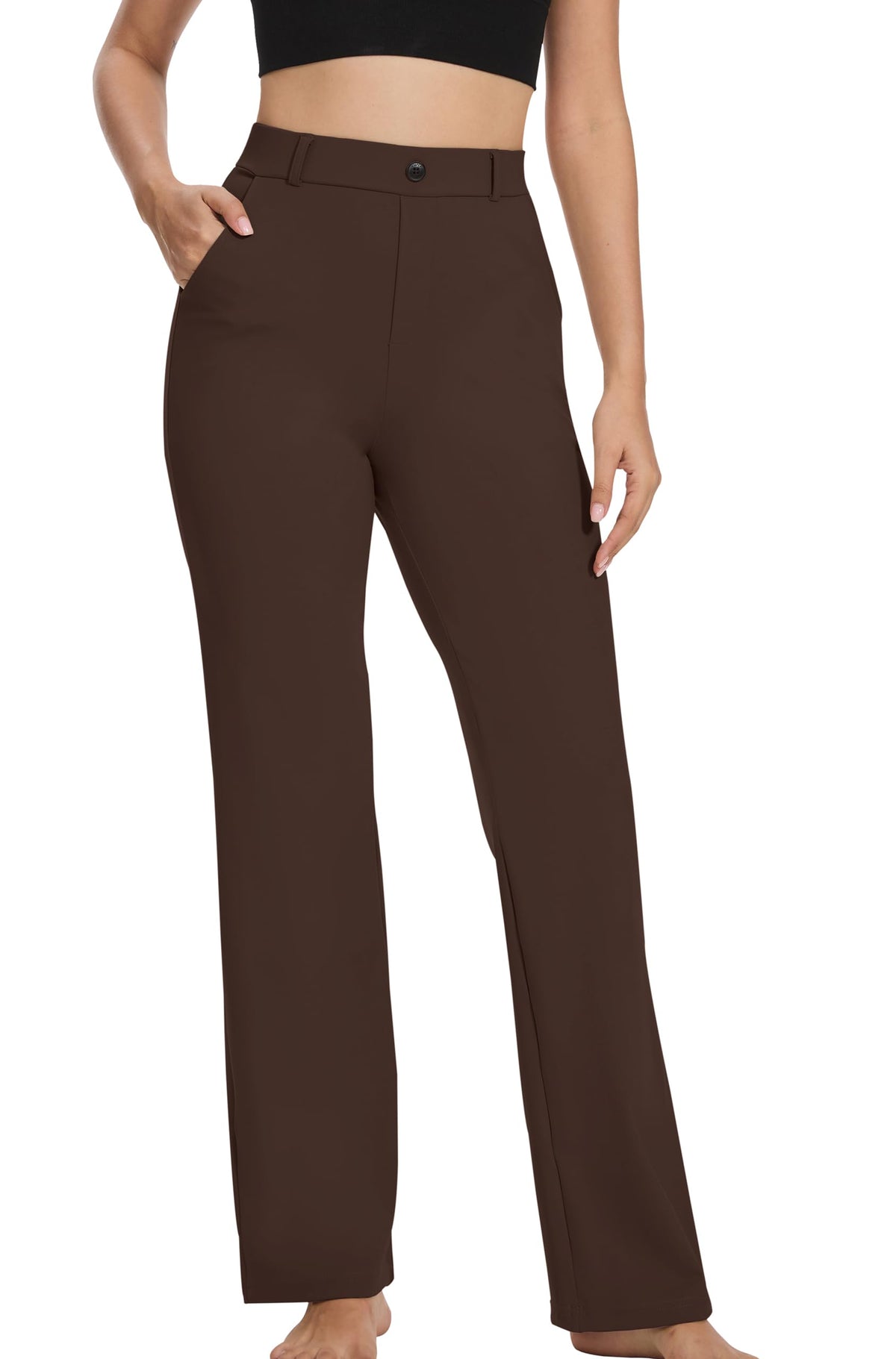 Vimpep Yoga Pants Women Straight-Leg With Pockets High-Waist - Brown