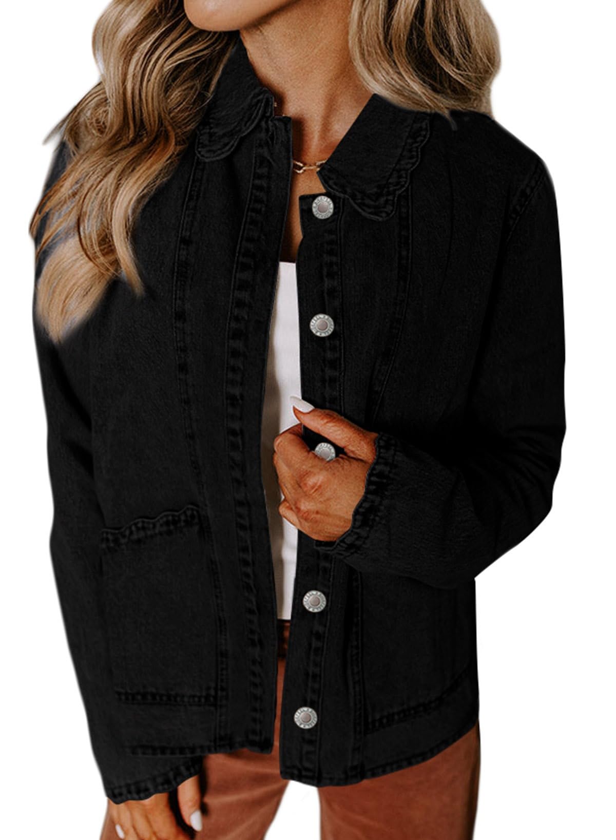 Sidefeel Women's Jean Jacket Long Sleeve Ruffled Denim Shacket Black S