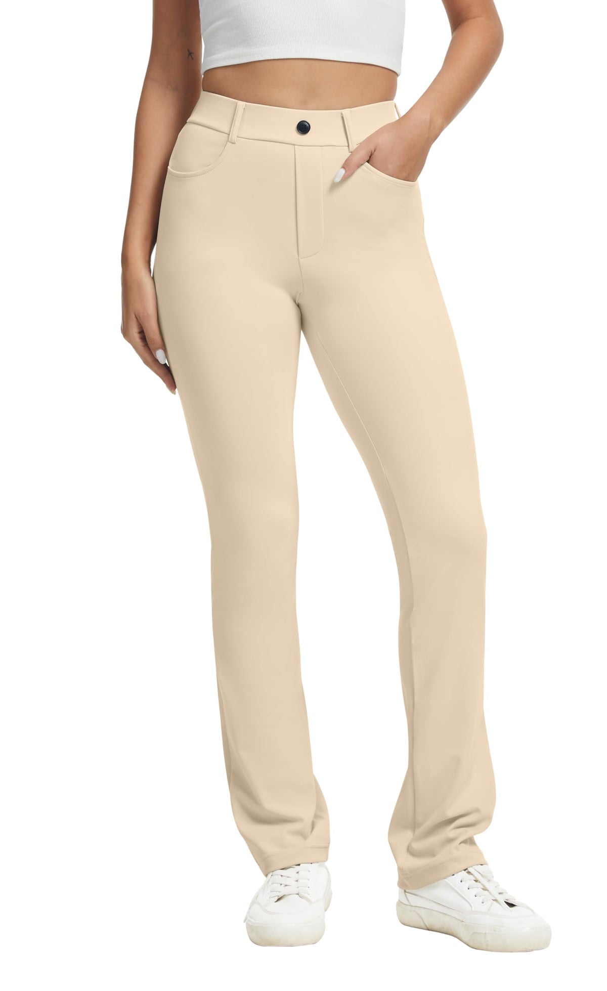 Vimpep Yoga Pants Women Straight-Leg With Pockets - Light Khaki