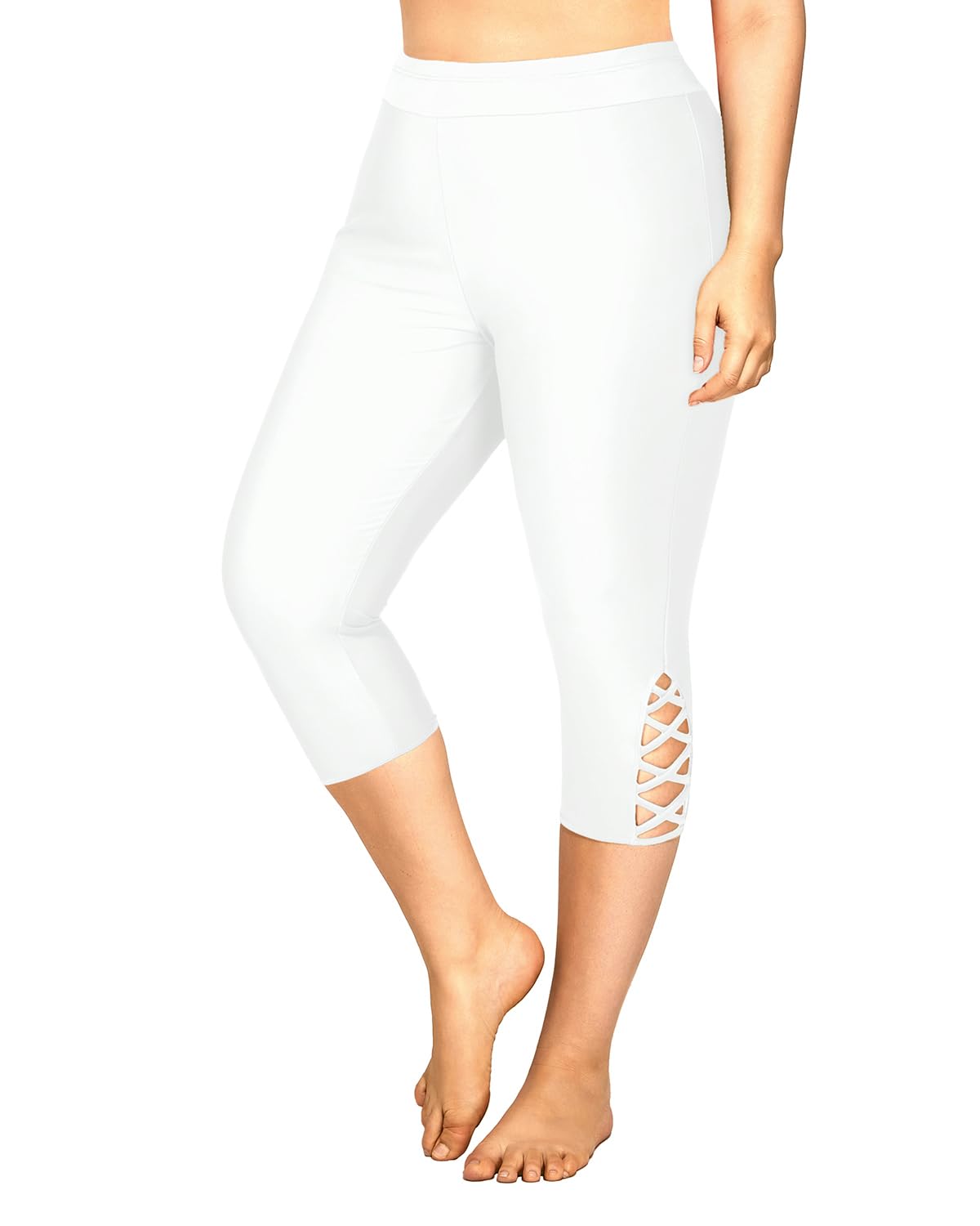 Holipick White Plus Size Swim Pants for Women Criss Cross Swim Capris High Waisted Swim Leggings UPF 50+ Long Swim Shorts 22W