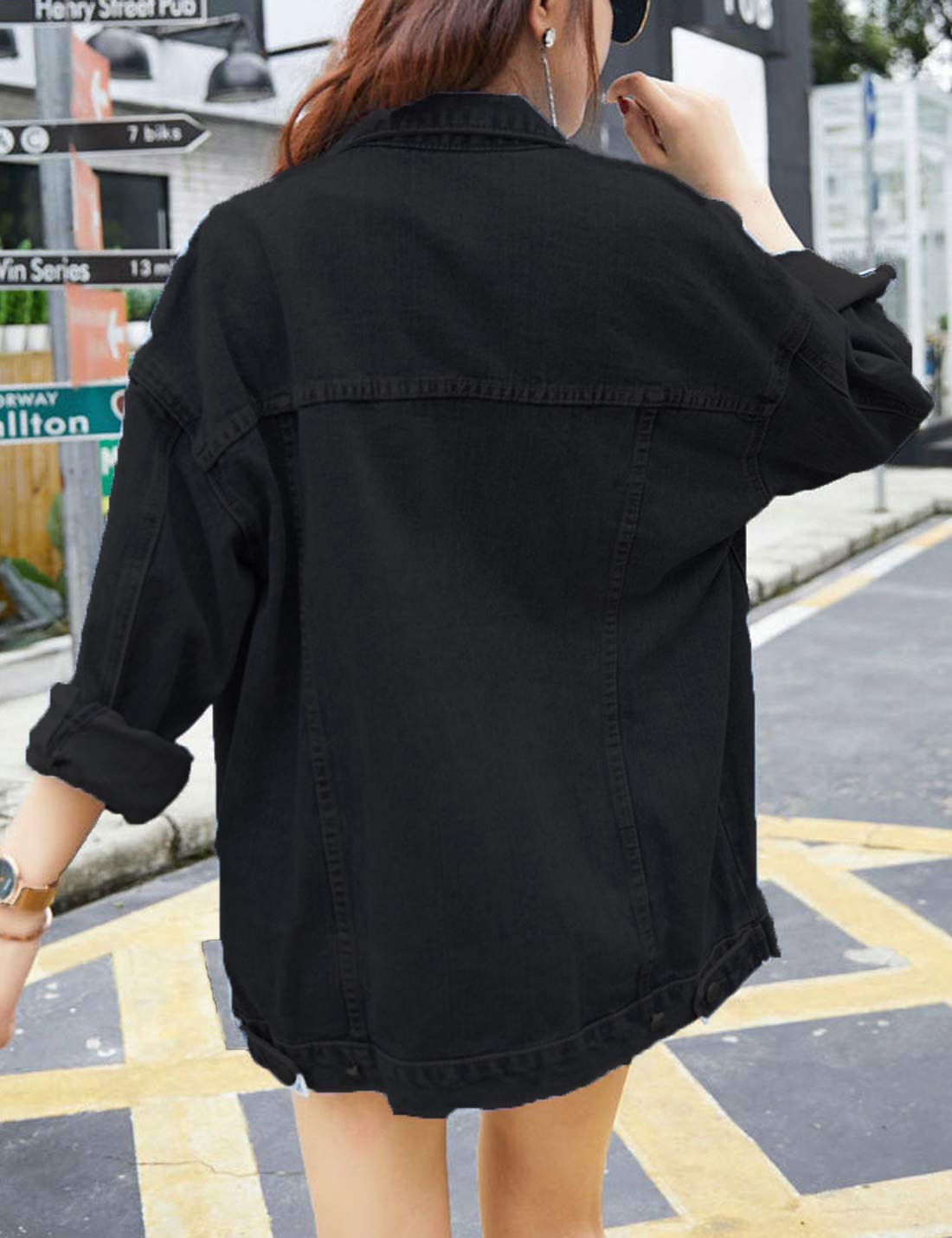 Omoone Women's Oversized Mid Long Denim Jacket Jean Biker Coat (0199-black-xxl)
