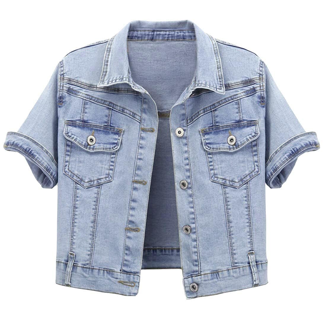 Omoone Women's Summer Short Sleeve Crop Denim Trucker Jacket Jean Coat Tops(lightblue-s) - Light Blue