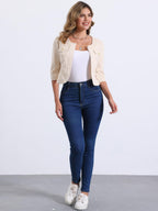 Allegra K Women's Denim Cardigan 3/4 Sleeve Collarless Jean Jackets - Cream