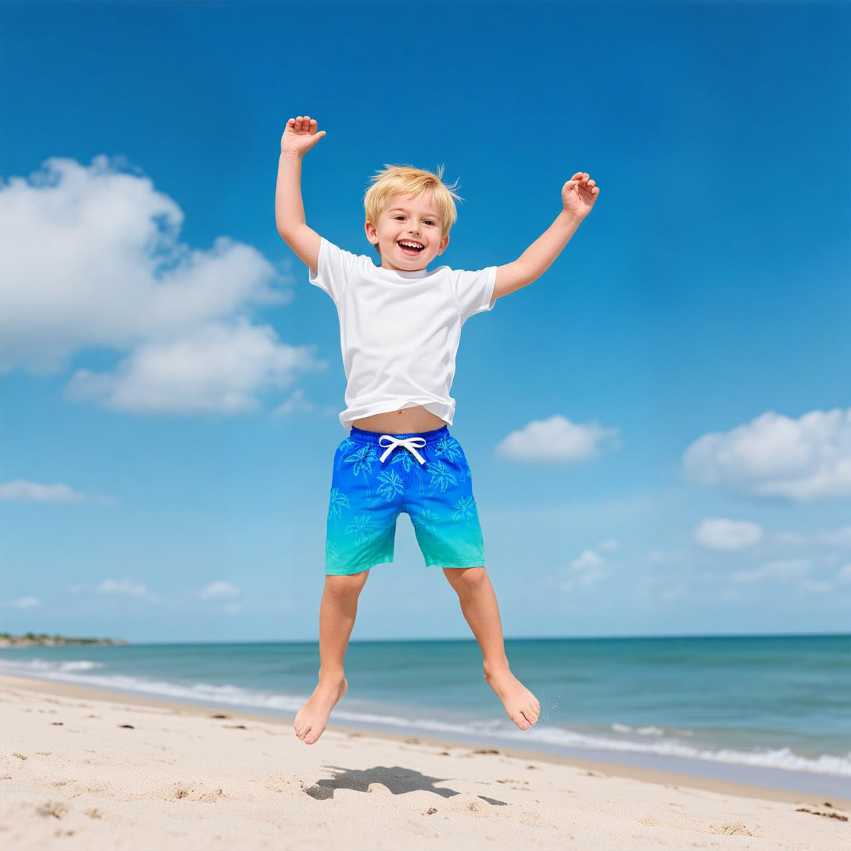 Cozople Boy Ombre Blue Swim Trunk Causal UV Protection Swimming Shorts Funny Palm Tree Print Swimwear Quick Dry Bathing Suit with Mesh Lining Beach Shorts Size 8 for Party