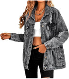 Lifeshe Women's Long Oversized Denim Jacket Boyfriend Ripped Distressed Jean Jackets Coat - Black