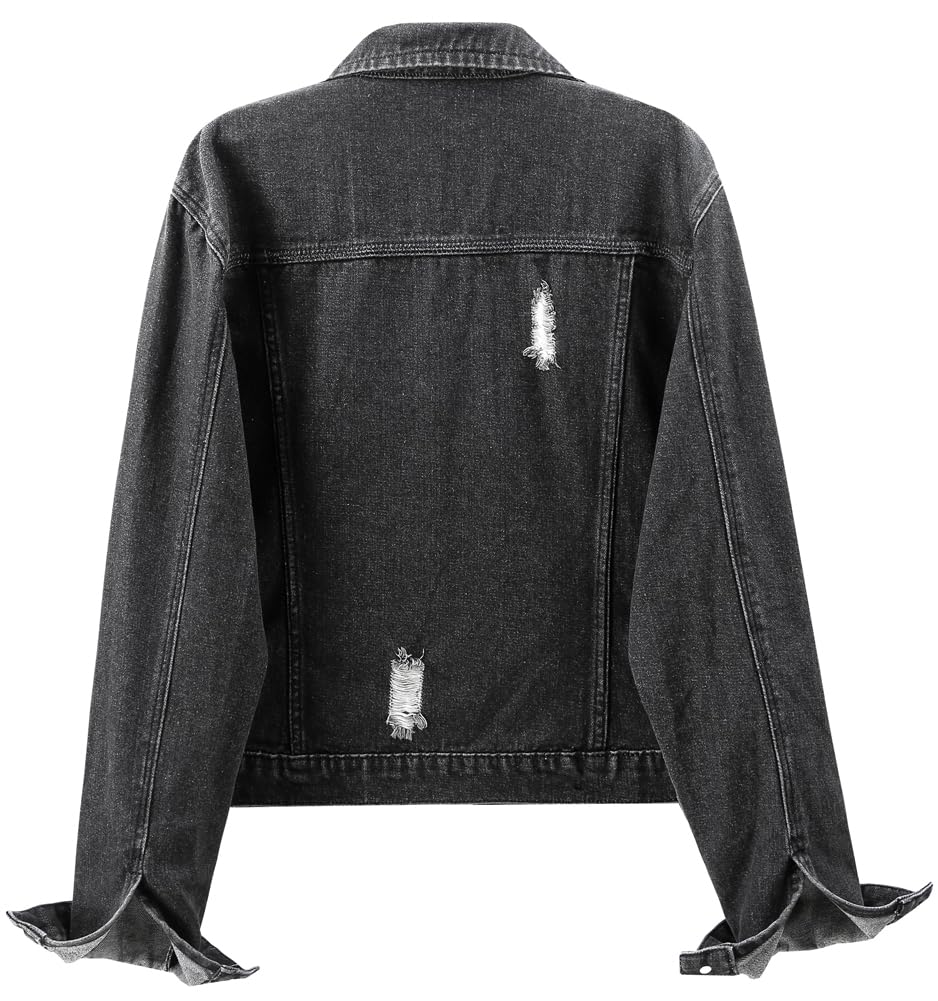 Kedera Womens Denim Jacket Distressed Ripped Jean Button Down Light Jackets - Charcoal Black