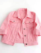 Unilexi Women's 3/4 Sleeve Colored Cropped Denim Jacket Light Wash Short Jean Trucker Coat(0096-pink-l)