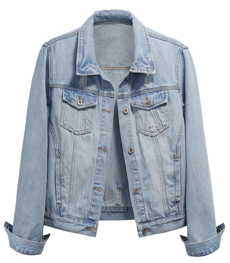 Kedera Womens Denim Jackets Distressed Ripped Long Sleeve Jean Jacket Coats - Sky Blue