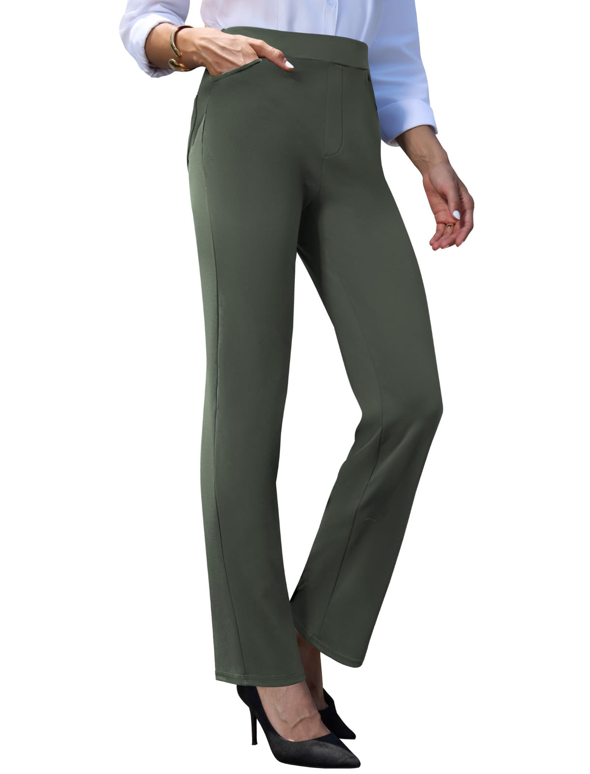 Keriffe Women's Stretchy Yoga Dress Pants Straight-Leg - Army Green