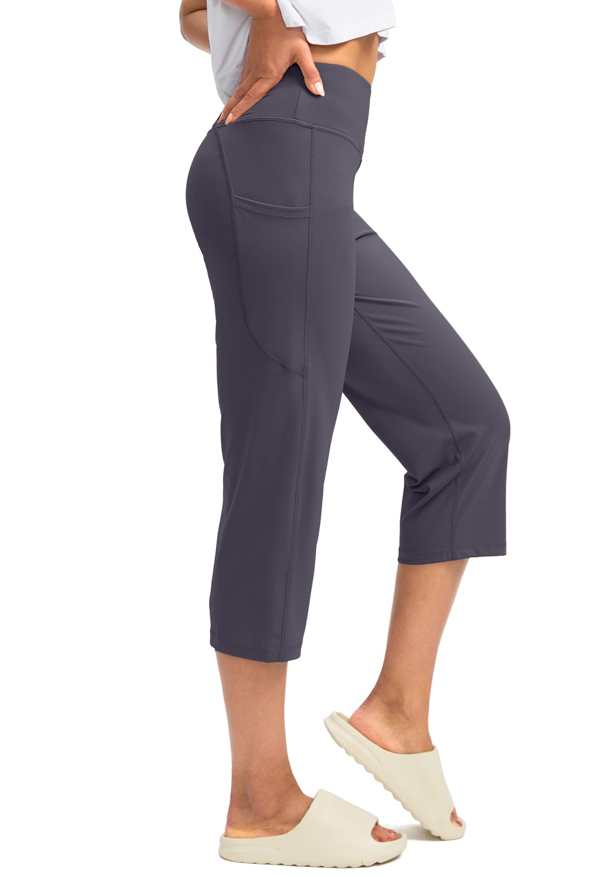 Capri Pants For Women High-Waist Workout Yoga With Pockets - Purple