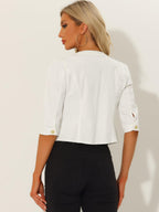 Allegra K Women's Denim Cardigan 3/4 Sleeve Collarless Jean Jackets - White
