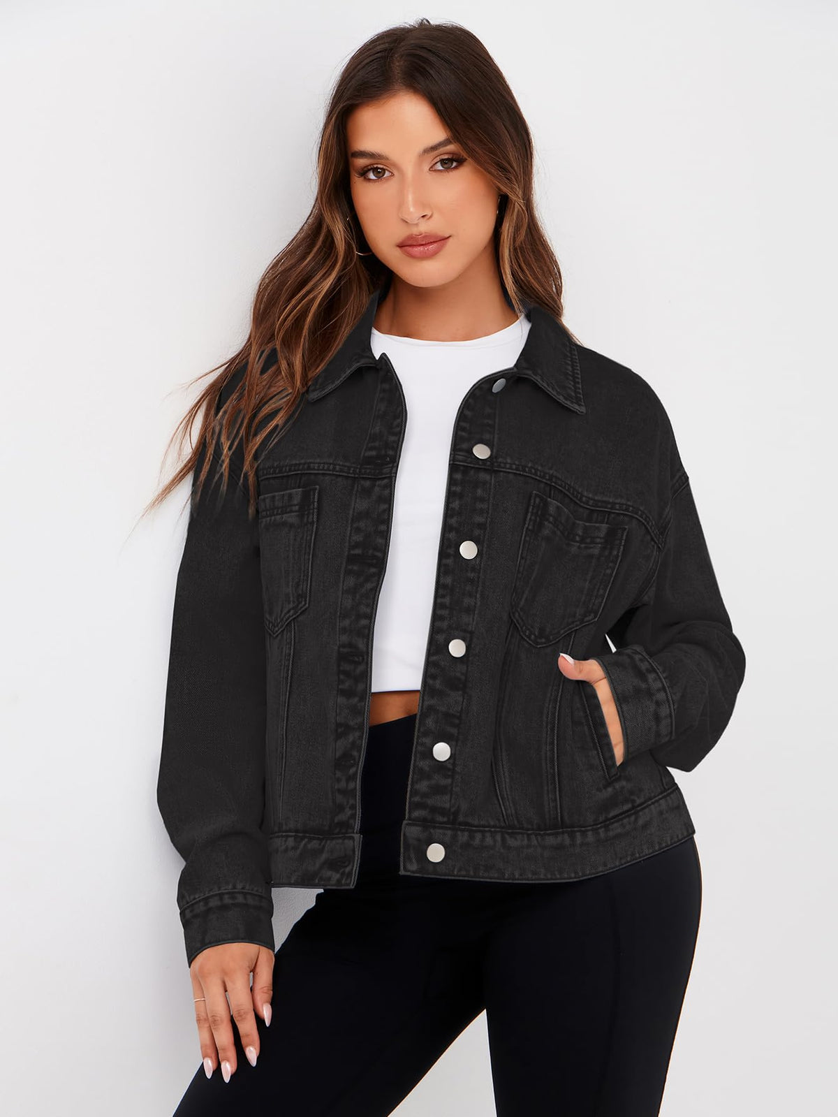 Glamaker Fashion Winter Black Denim Jacket Coat Casual Long Sleeve Jean For Women Trendy Outfits (black S)