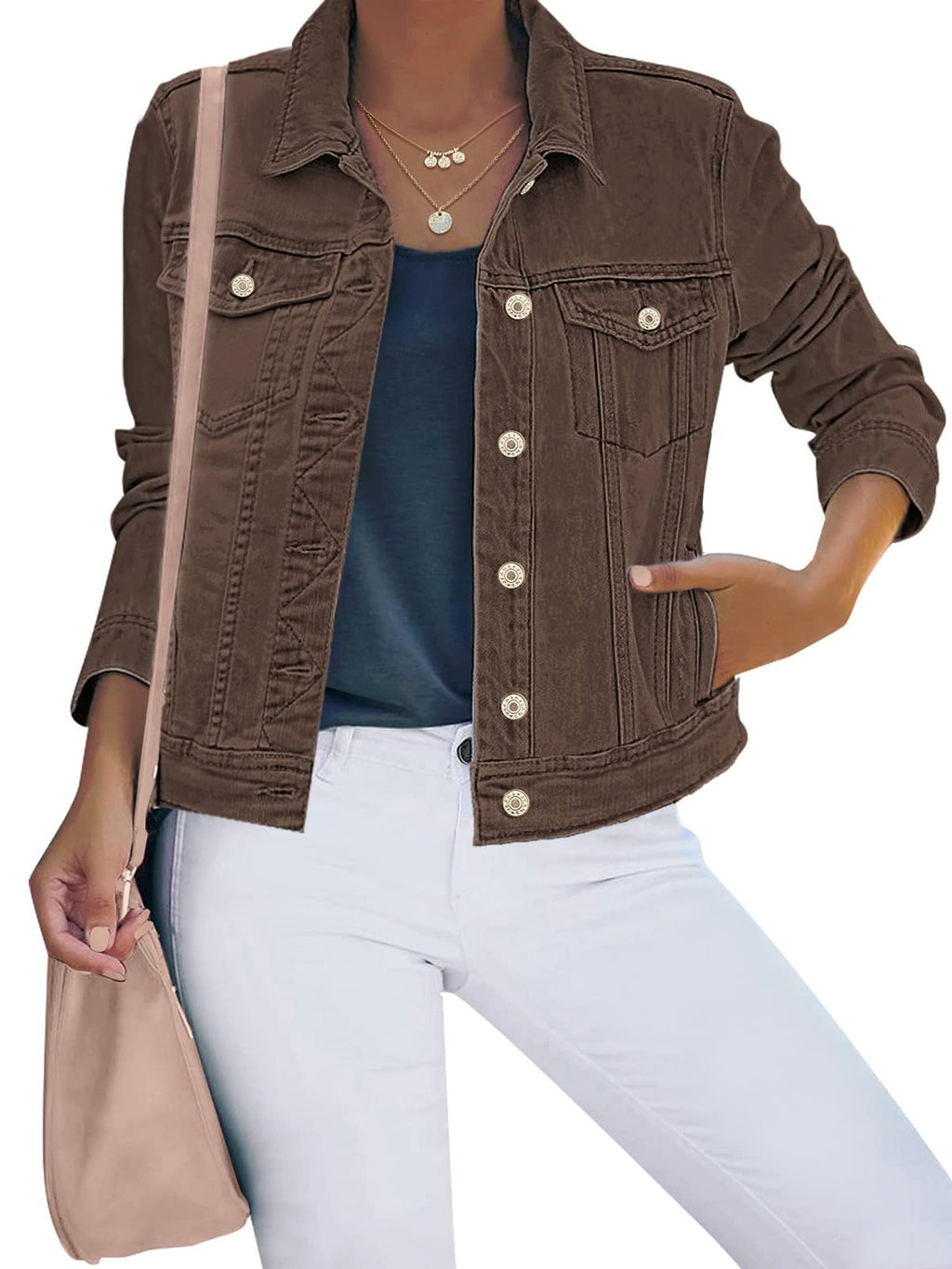 Luvamia Brown Jean Jacket Casual Jackets For Women Fall - Mustang
