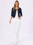 Allegra K Women's Denim Cardigan 3/4 Sleeve Collarless Jean Jackets - Blue