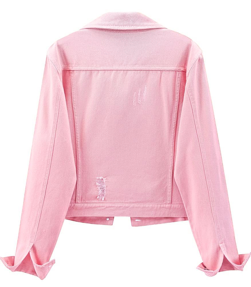 Kedera Womens Denim Jackets Distressed Ripped Long Sleeve Jean Jacket Coats - W-pink