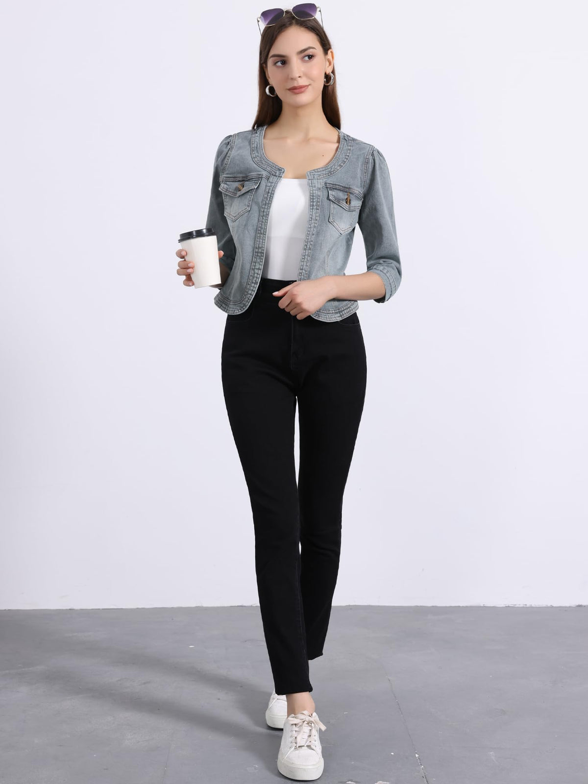 Allegra K Women's Denim Cardigan 3/4 Sleeve Collarless Jean Jackets - Gray