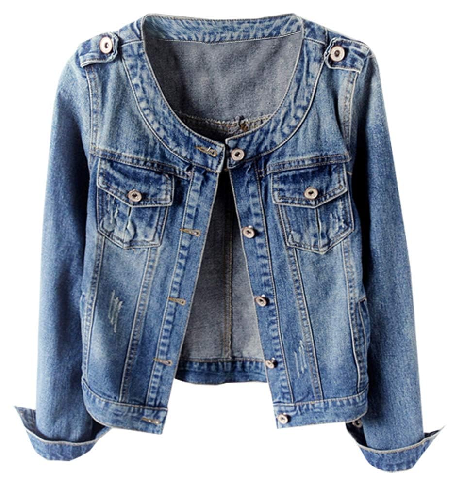 Kedera Jean Jacket For Women Trendy Collarless Button Down Long Sleeve Casual Western Denim Country Concert Outfits - Blue