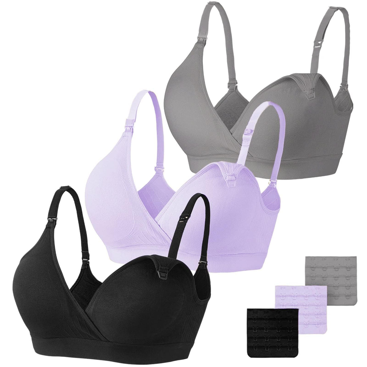 Vinfact 3 Pack for Breastfeeding Seamless V Neck Women's Pregnancy L,black/grey/purple Nursing Bra