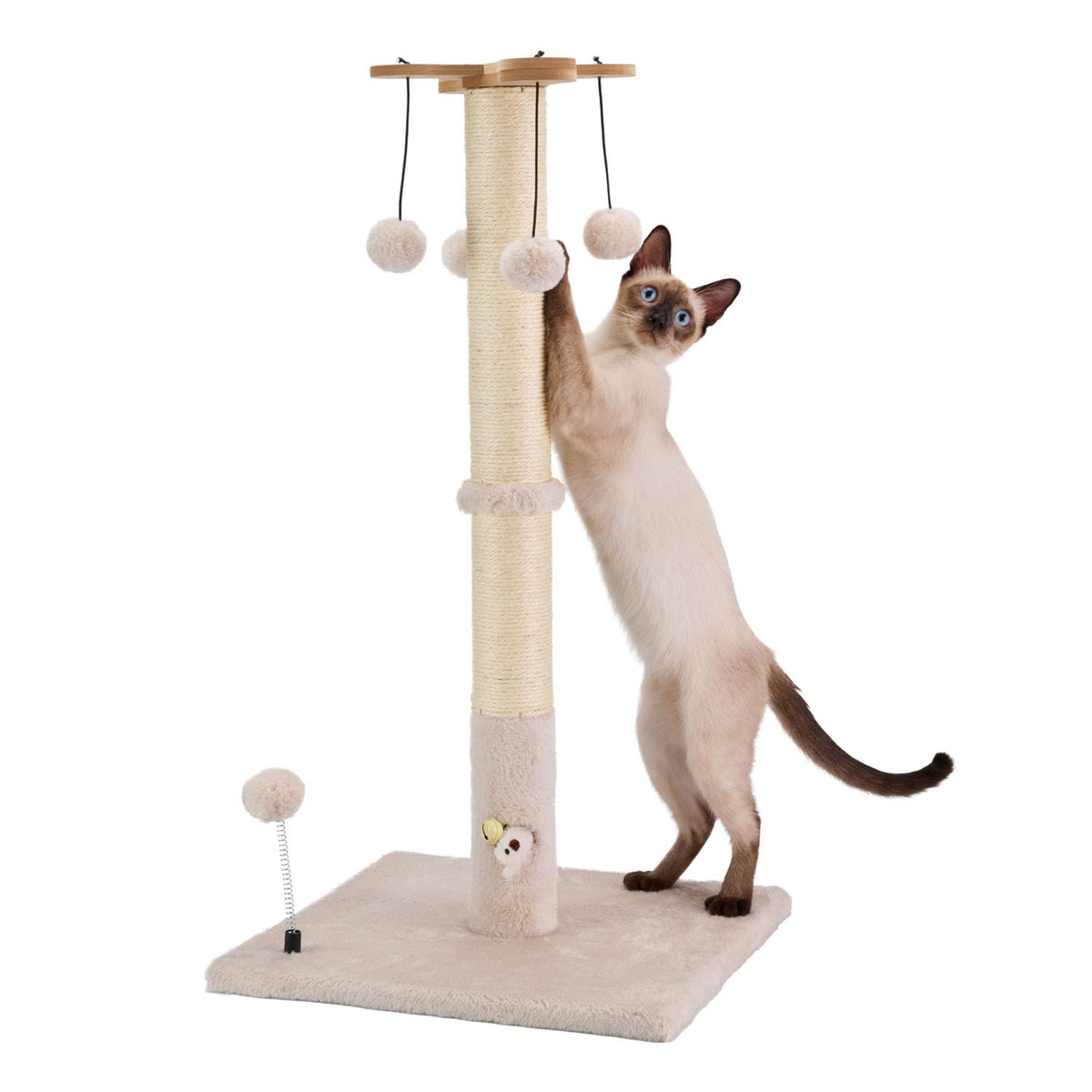 PAWSFANS Cat Scratching Post for Indoor Cats and Kittens,30inches Tall Sisal Scratch Posts with Four Hanging Ball Toys and Reinforce The Stable Base Beige