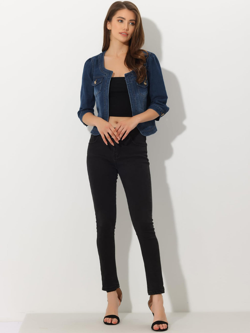 Allegra K Women's Denim Cardigan 3/4 Sleeve Collarless Jean Jackets - Dark Blue