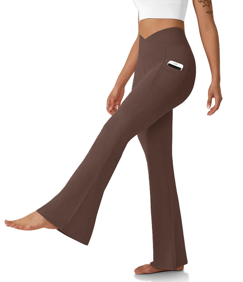 Women's Flare Leggings With Pockets Crossover High-Waisted - Brown