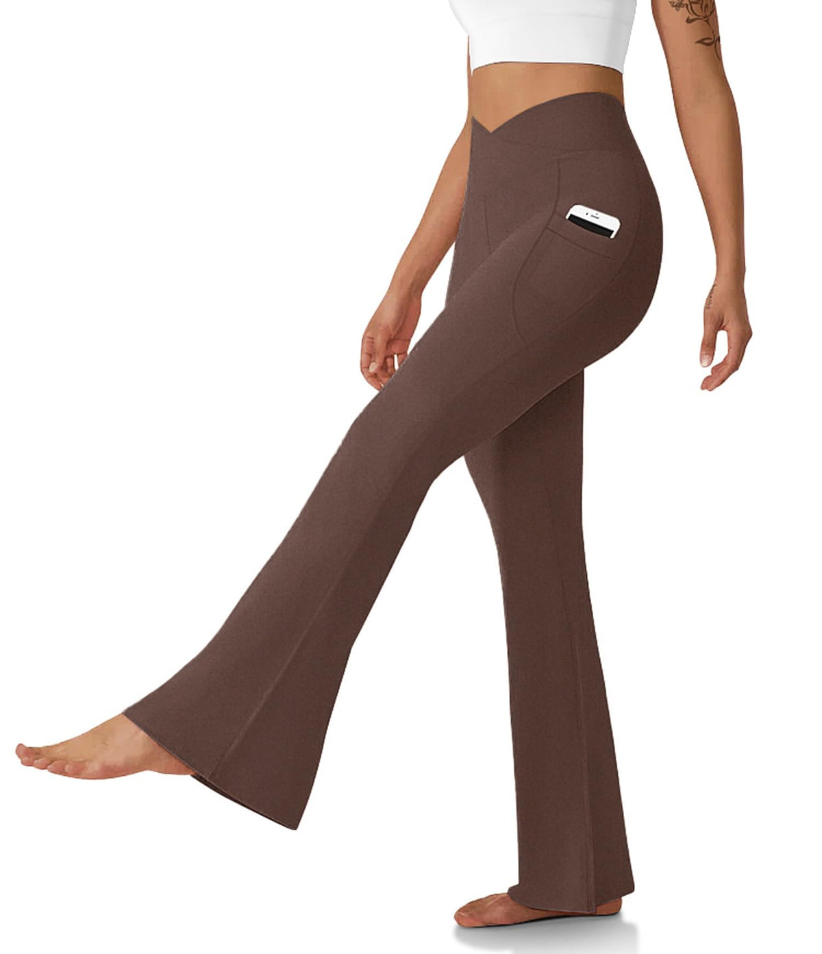 Women's Flare Leggings With Pockets Crossover High-Waisted - Brown