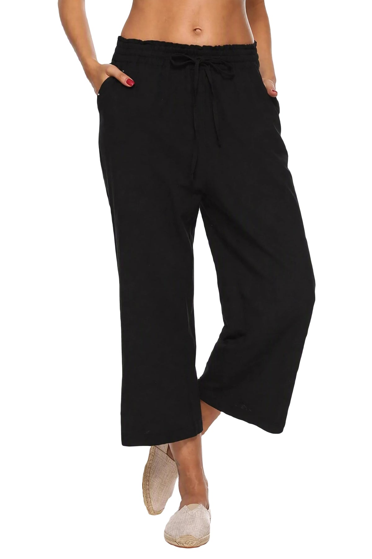 Lnx Women's Linen Pants Wide-Leg High-Waisted Capri With Pockets