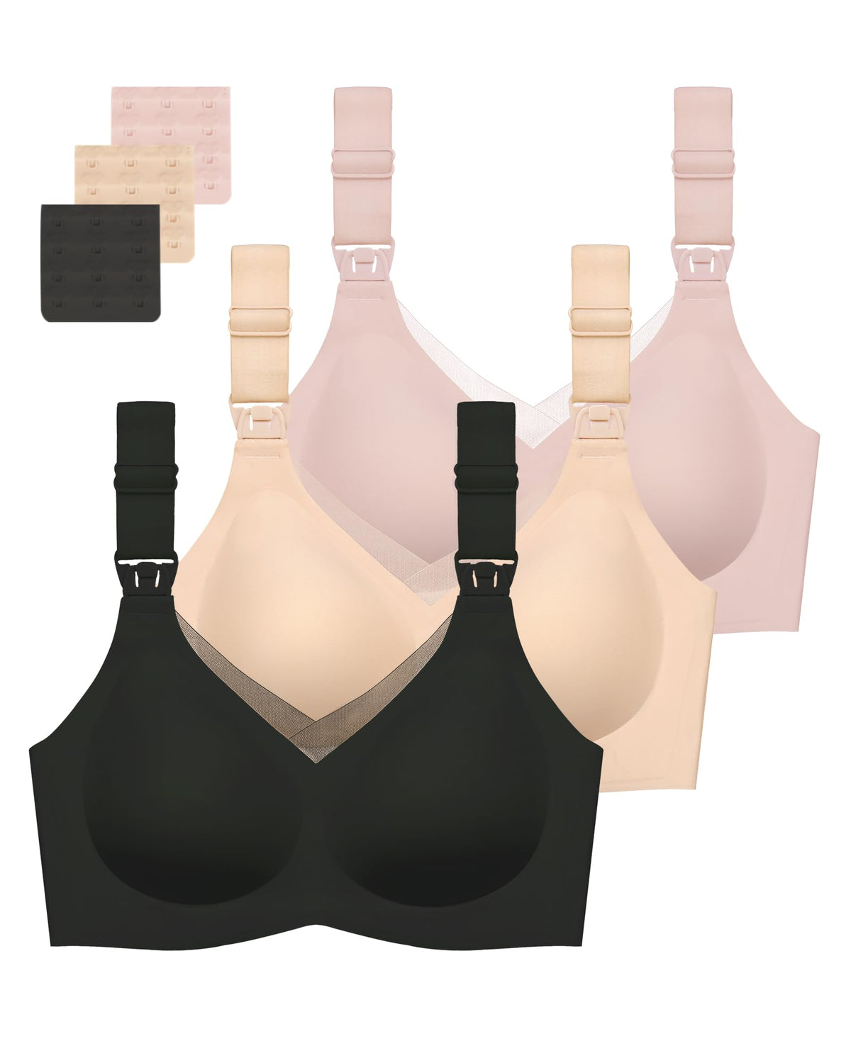 Women's Gailife 3 Pack for Breastfeeding Seamless V Neck Mesh Comfort Pregnancy Sleep Bralette S, Black/beige/pink Nursing Bra