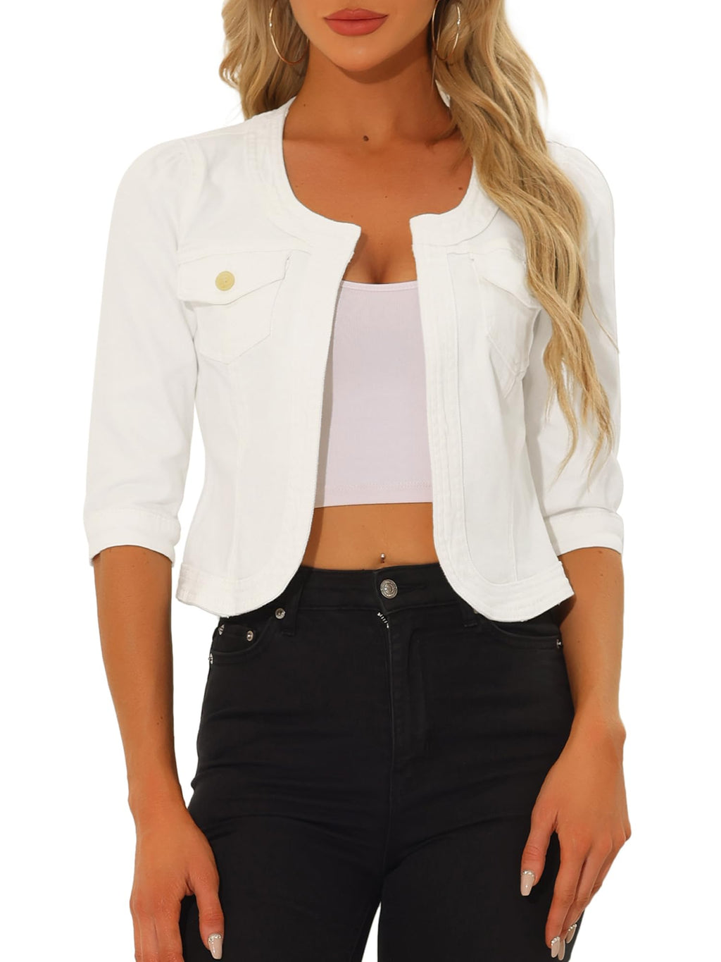 Allegra K Women's Denim Cardigan 3/4 Sleeve Collarless Jean Jackets - White