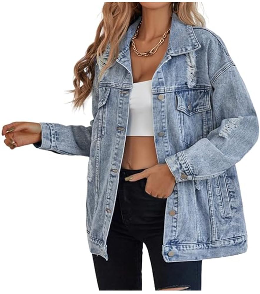 Lifeshe Women's Long Oversized Denim Jacket Boyfriend Ripped Distressed Jean Jackets Coat - Light Blue