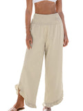 CUPSHE Women Smocked Straight Leg Pants with Ruffle Cuffs Beige S