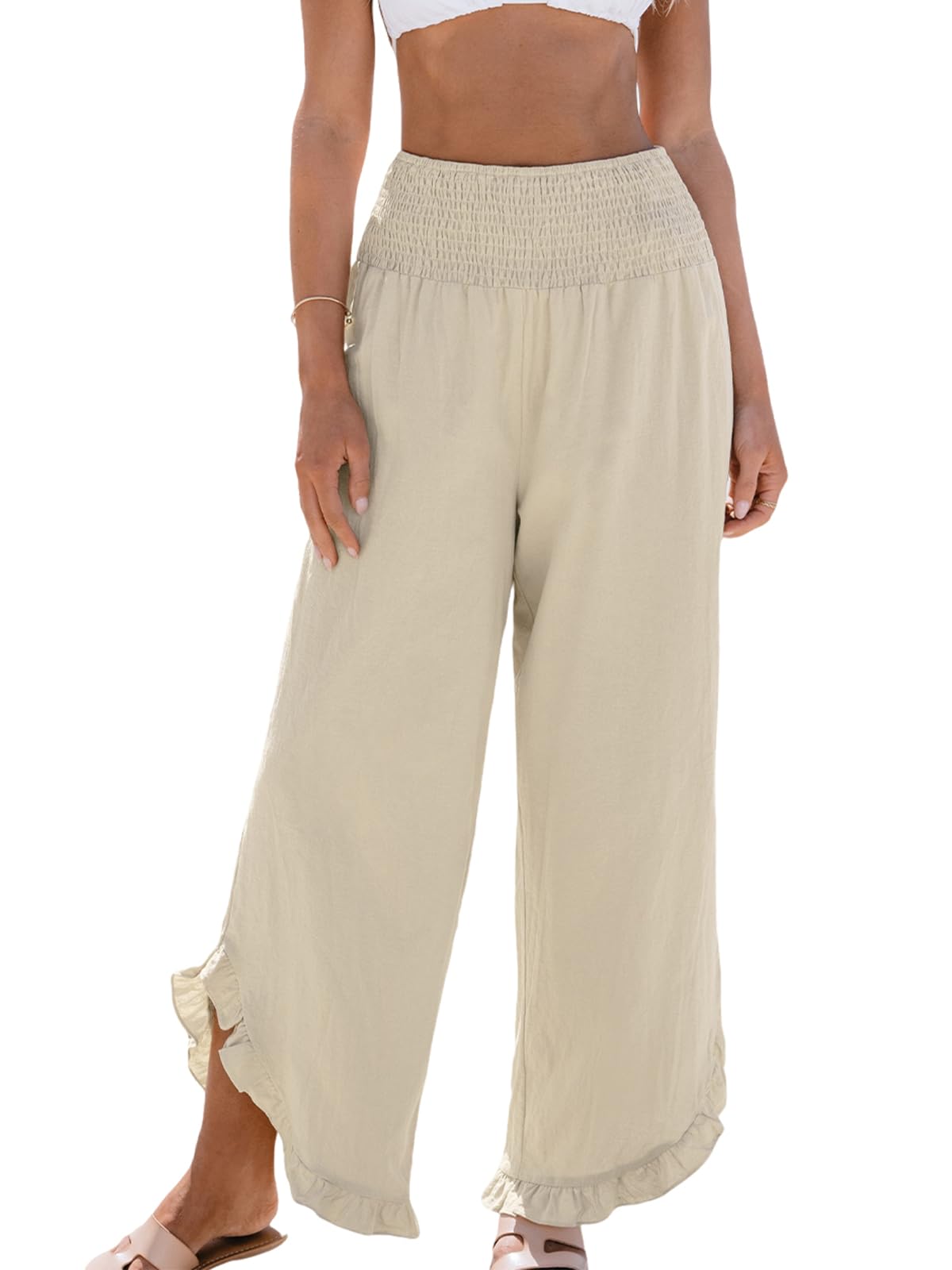 CUPSHE Women Smocked Straight Leg Pants with Ruffle Cuffs Beige S