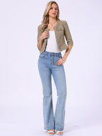 Allegra K Women's Denim Cardigan 3/4 Sleeve Collarless Jean Jackets - Khaki Brown