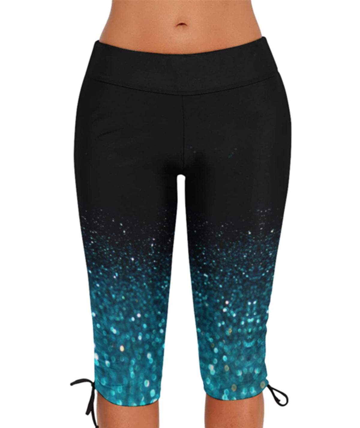 Urchics Womens Plus Size Rash Guard Capris Long Swim Shorts Tankini Bottom Sporty Green Star XL