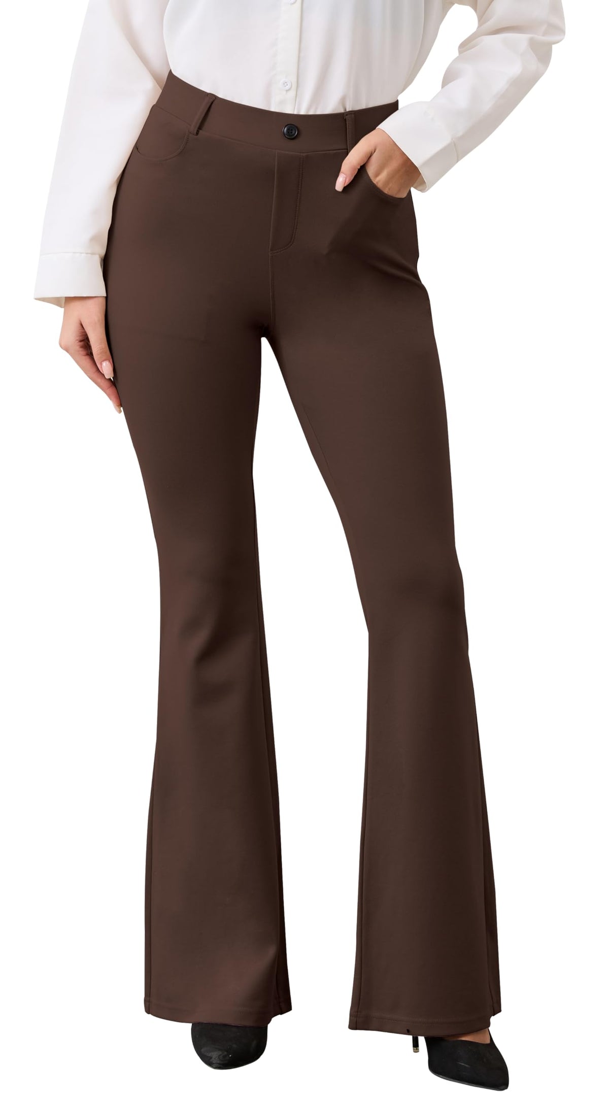 Vimpep Flare Yoga Dress Work Pants Women High-Waisted Pull On - Brown