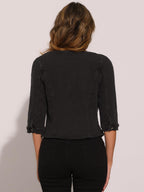 Allegra K Women's Denim Cardigan 3/4 Sleeve Collarless Jean Jackets - Black