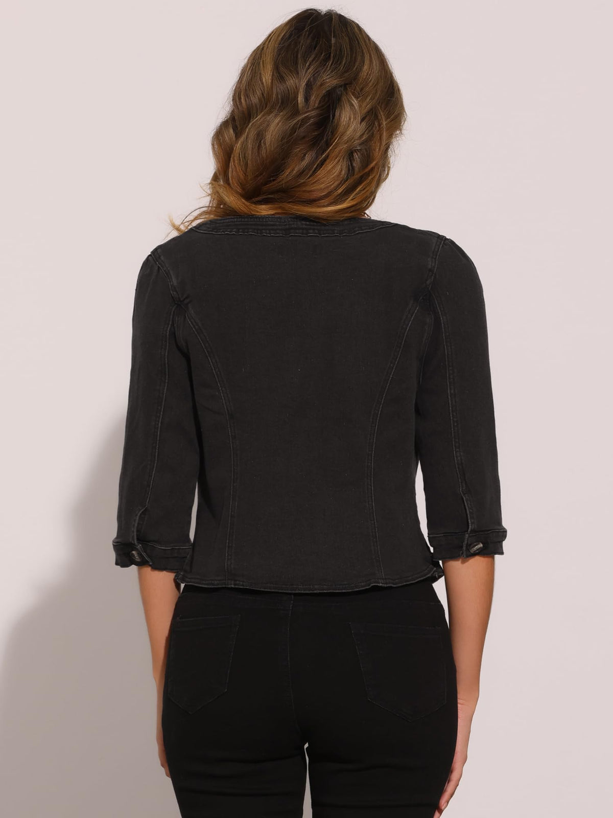 Allegra K Women's Denim Cardigan 3/4 Sleeve Collarless Jean Jackets - Black