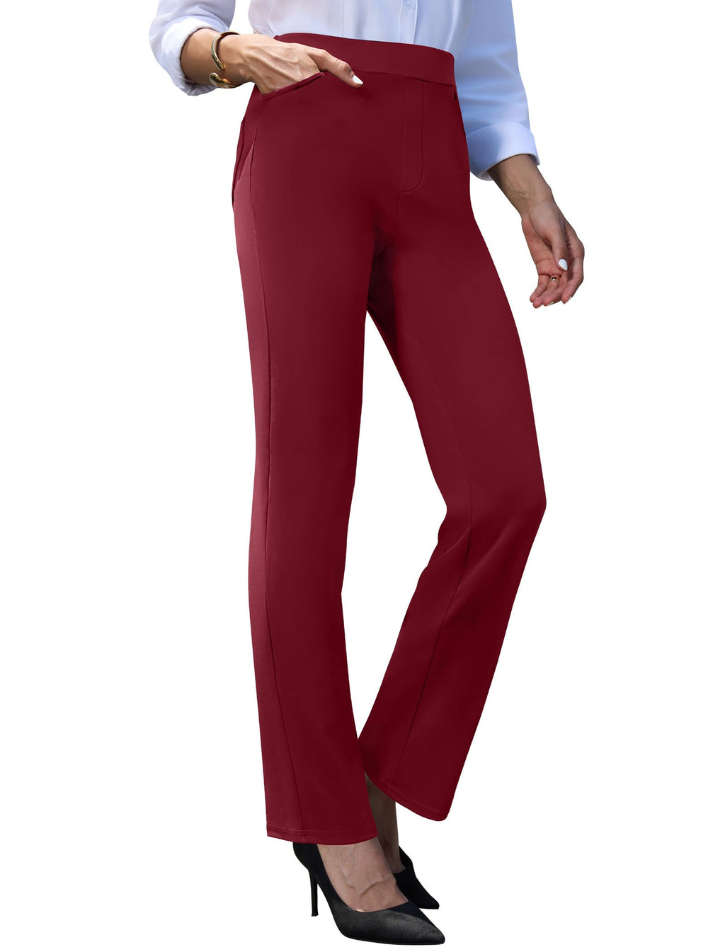 Keriffe Women's Stretchy Yoga Dress Pants Straight-Leg Work - Wine Red
