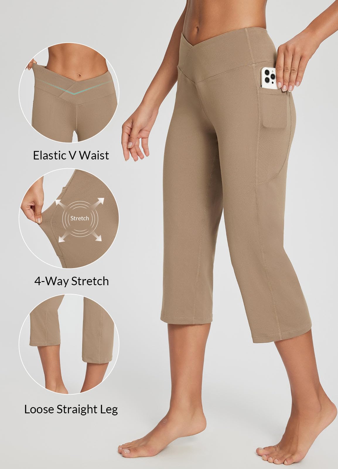 Baleaf Women's V Crossover Waist Capri Pants - V Waist-cocoa