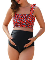 Women's Summer Mae Maternity High-Waist Bikini Swimsuit - Red Leopard