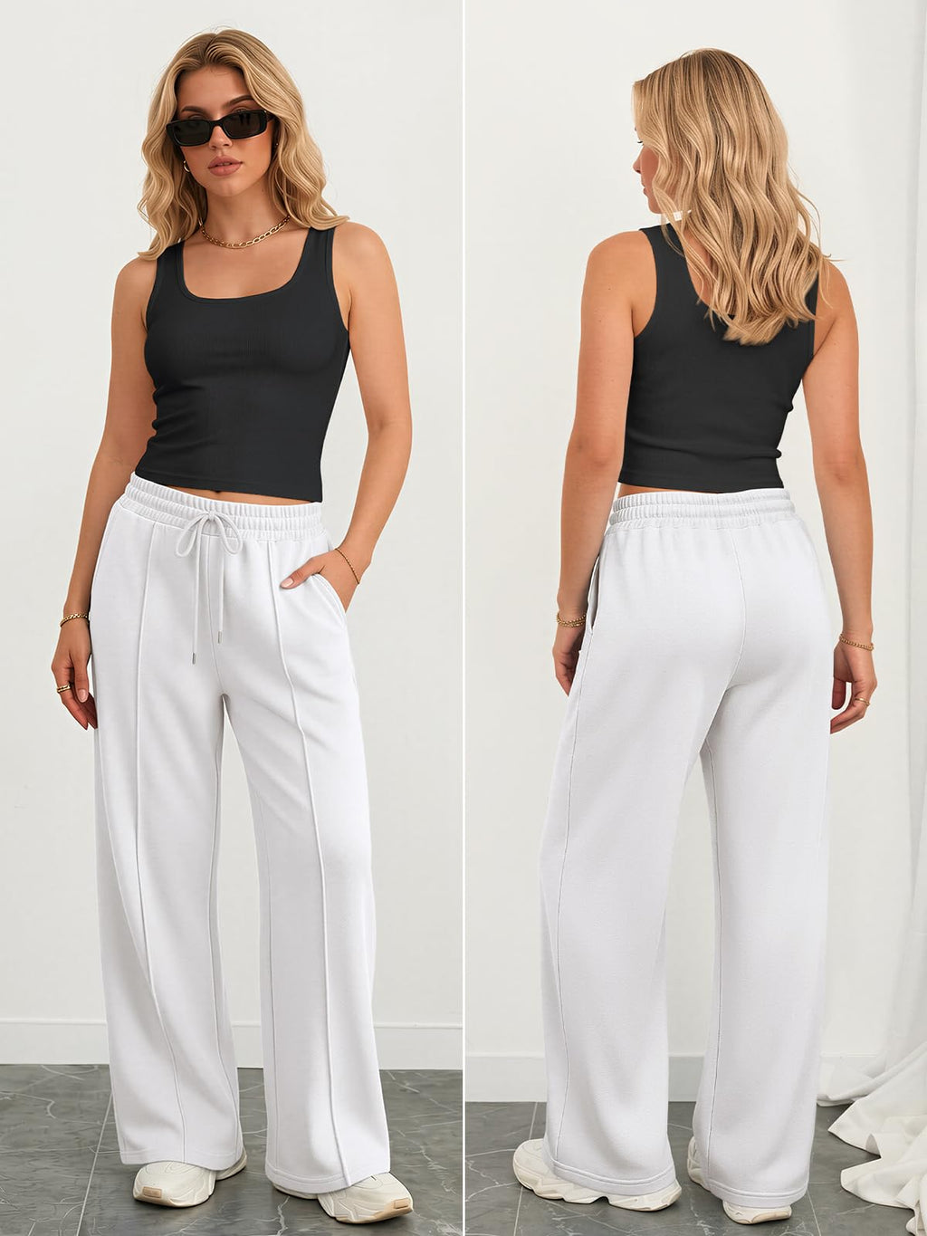 Athmile Women's Wide-Leg Sweatpants High-Waisted Baggy Teen - White