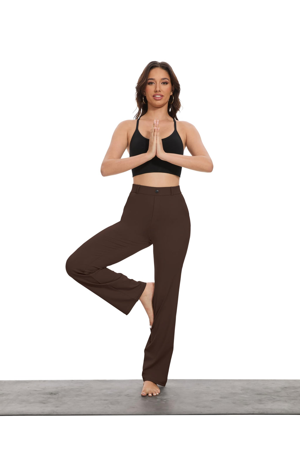 Vimpep Yoga Pants Women Straight-Leg With Pockets High-Waist - Brown