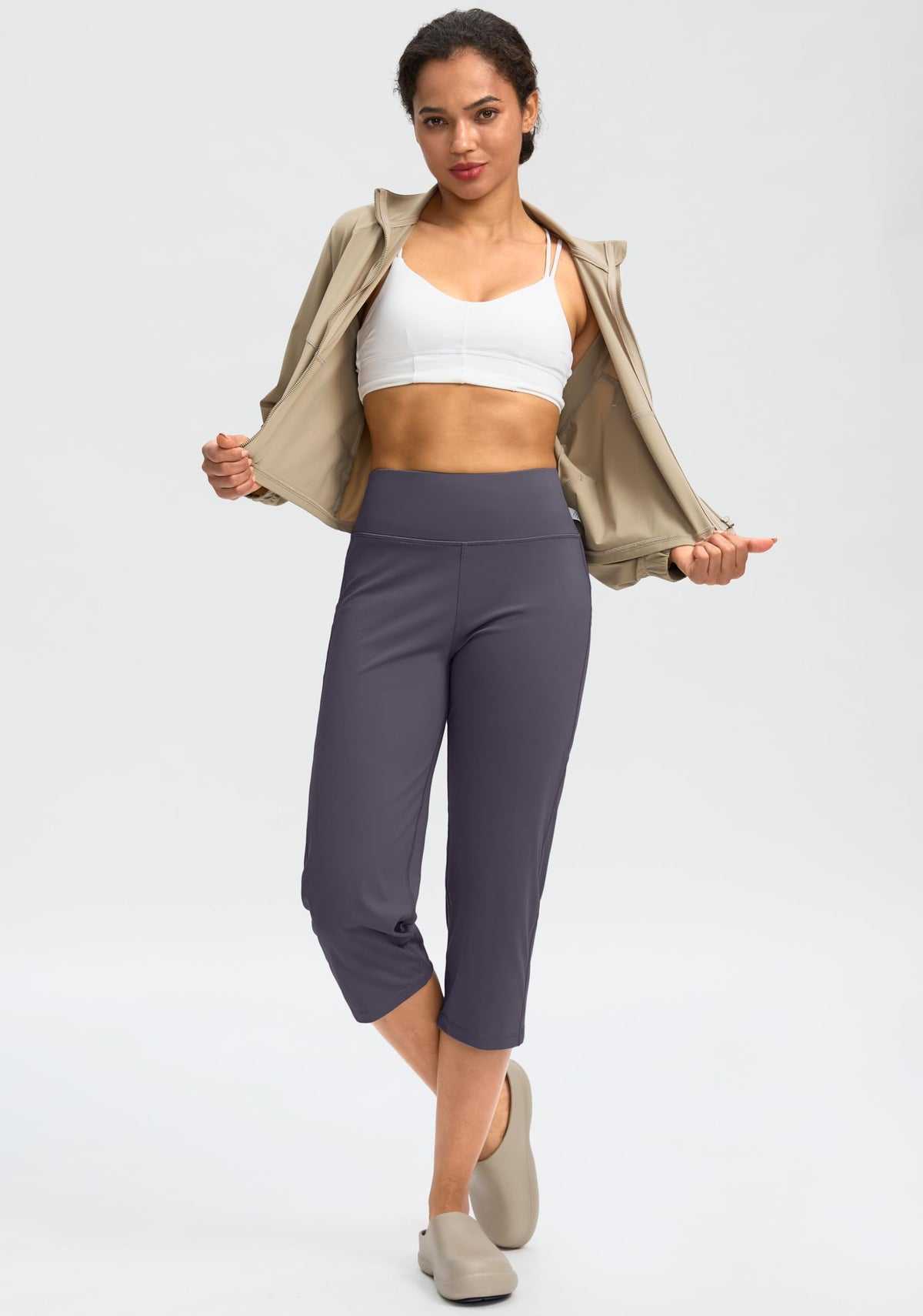 Capri Pants For Women High-Waist Workout Yoga With Pockets - Purple