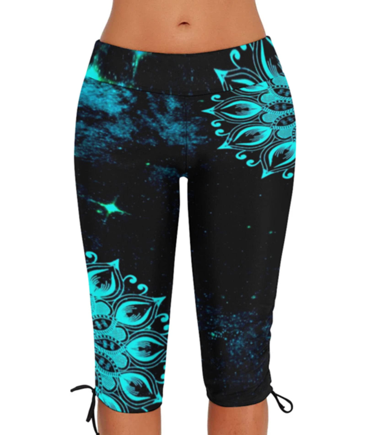 Urchics Womens Plus Size Rash Guard Capris Long Swim Shorts Tankini Bottom Sporty Blue Black Flower 5X